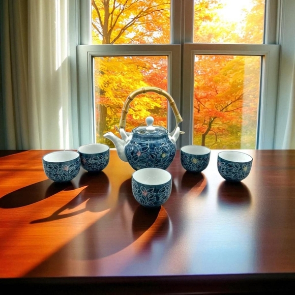 Japanese Dobin - Blue Floral Porcelain Arita-Yaki Teapot tea cups set - Picture 13 of 15